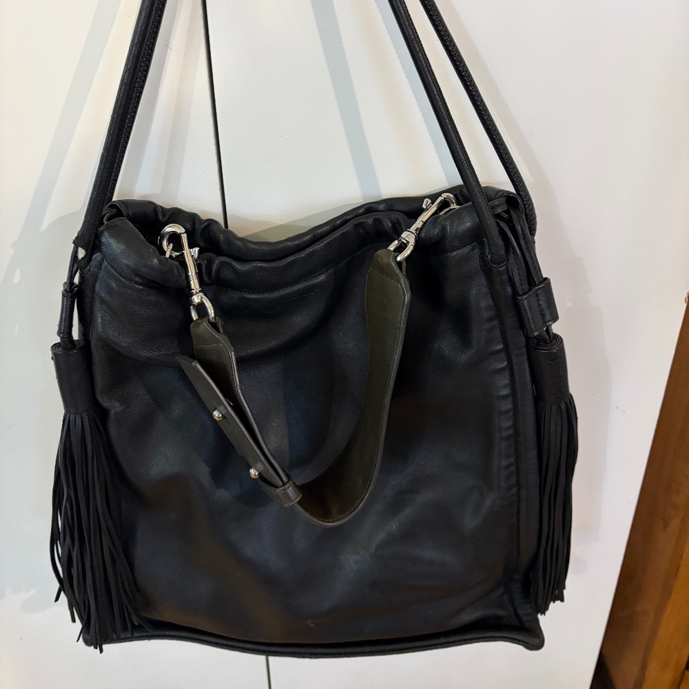 All Saints Black Fringe Shoulder Bag Handbag Purse